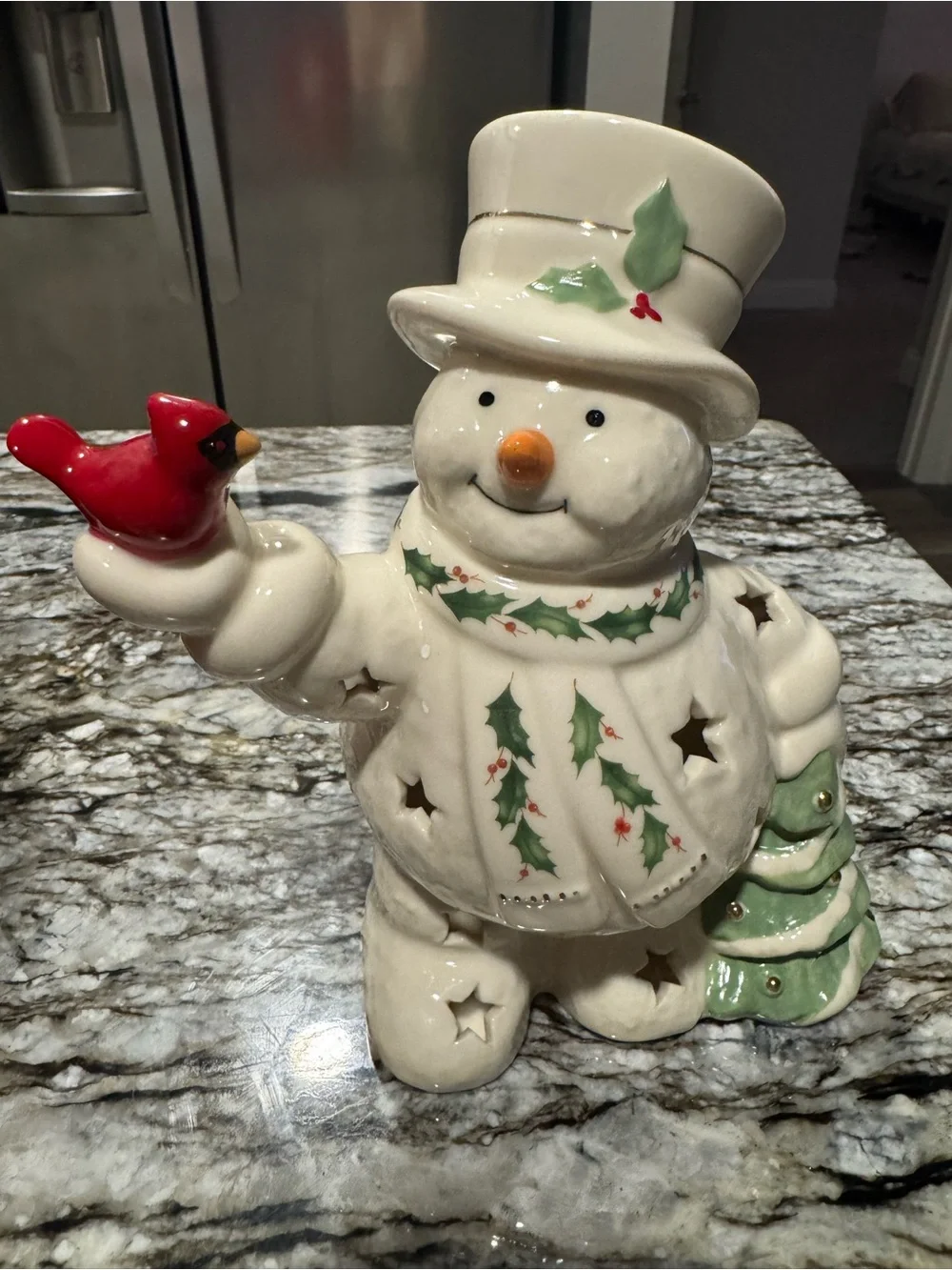 Lenox Festive Ceramic Snowman Figurine with Red Cardinal - Holiday Home Decor